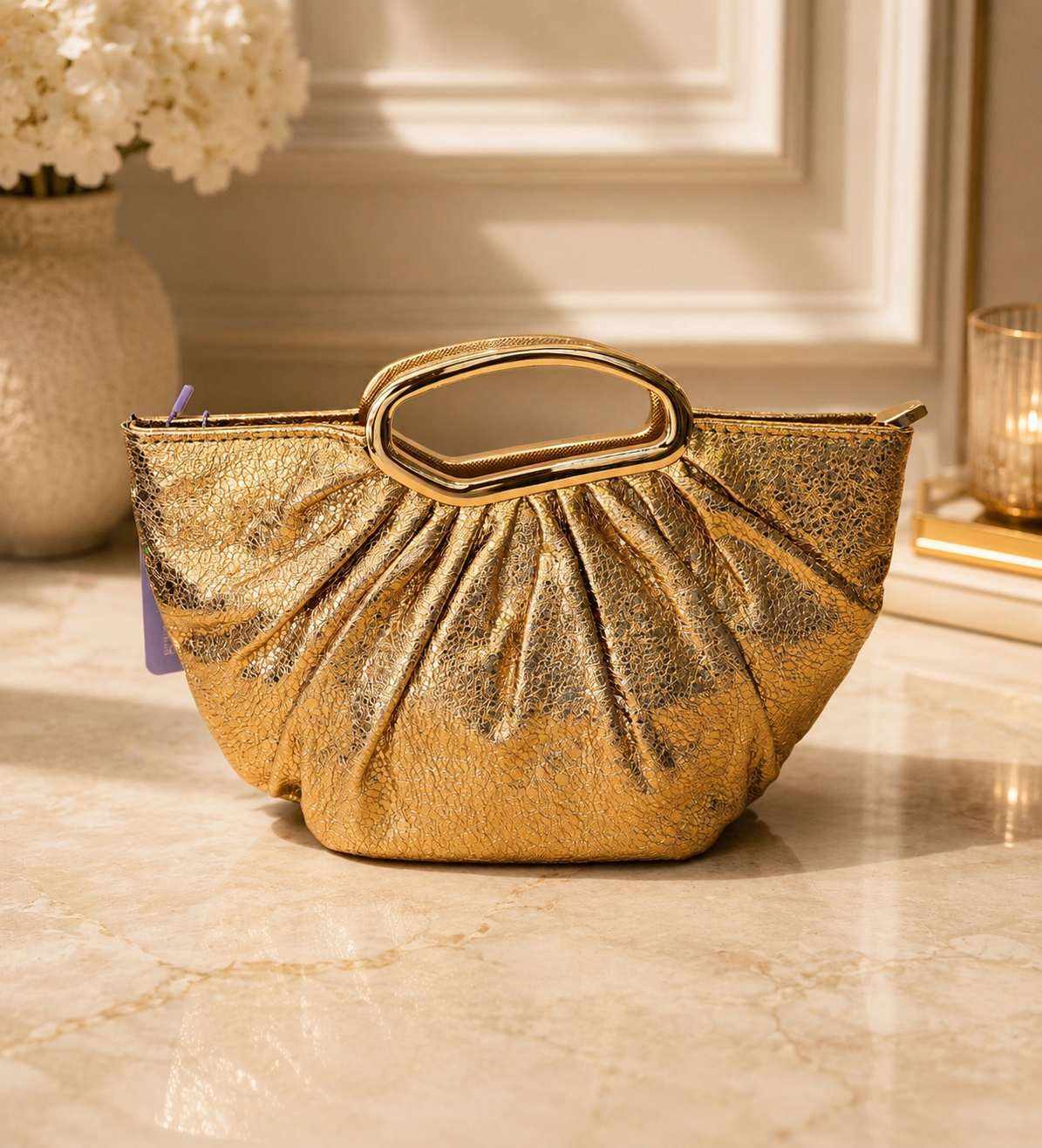 Metallic Gathered Clutch with Sculptural Handle