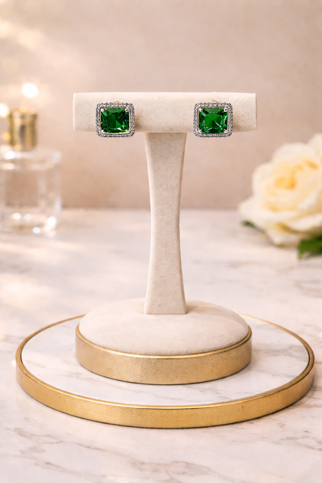 Silver & Emerald Radiance Square Halo Stud Earrings Collection