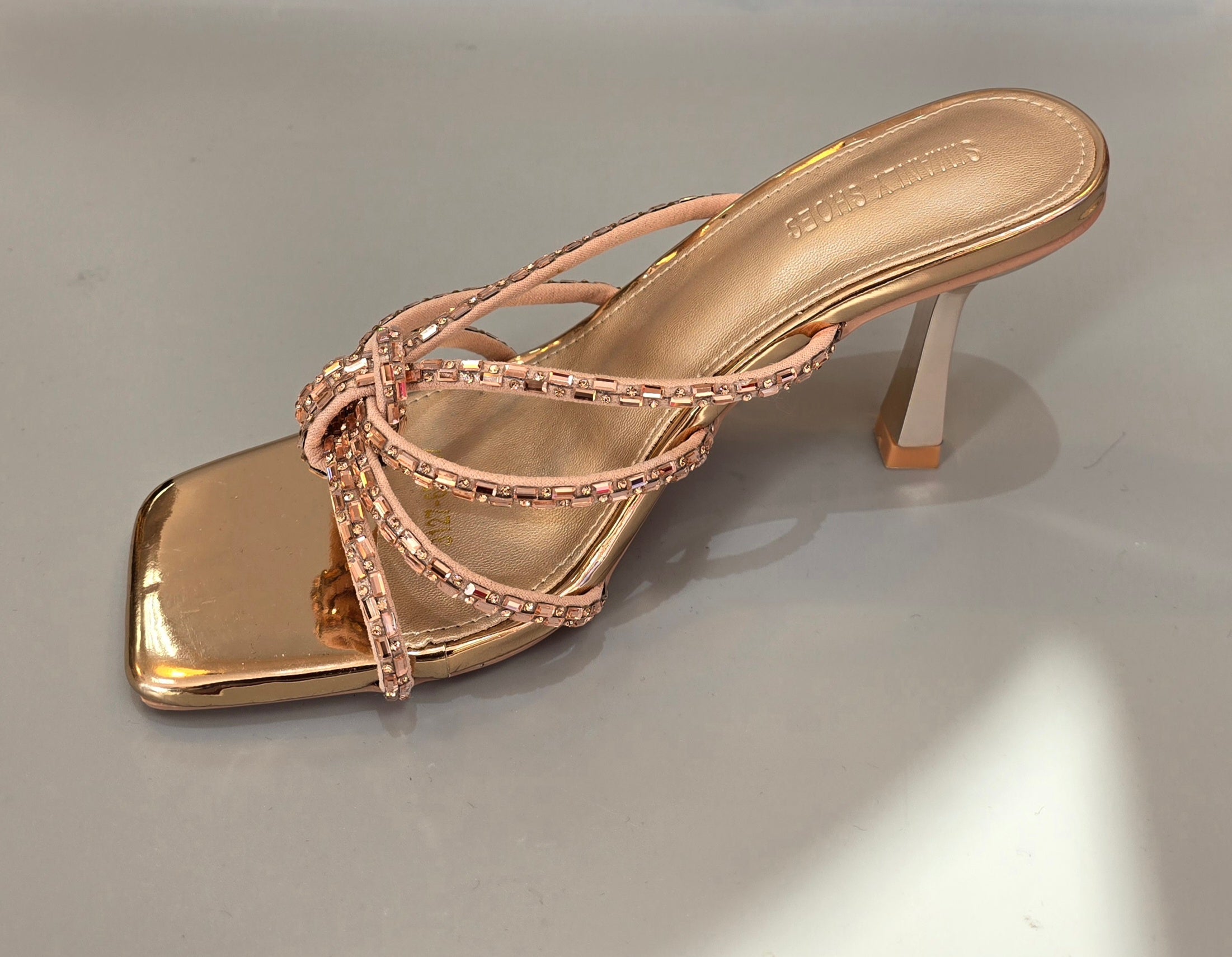 Rose Gold Beaded Strappy Mule Heels