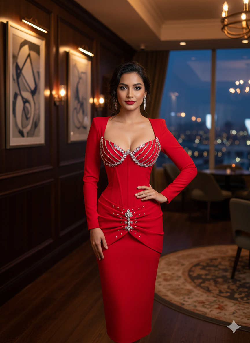 The Regal Red Rhinestone Crusted Corset Midi