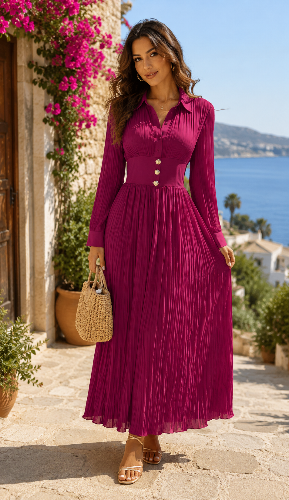 Pleated Maxi Dress with Gold Button Detail