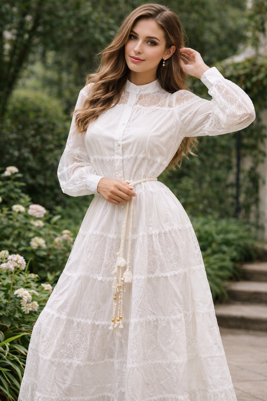 White Lace Tiered Maxi Dress with Rope Belt