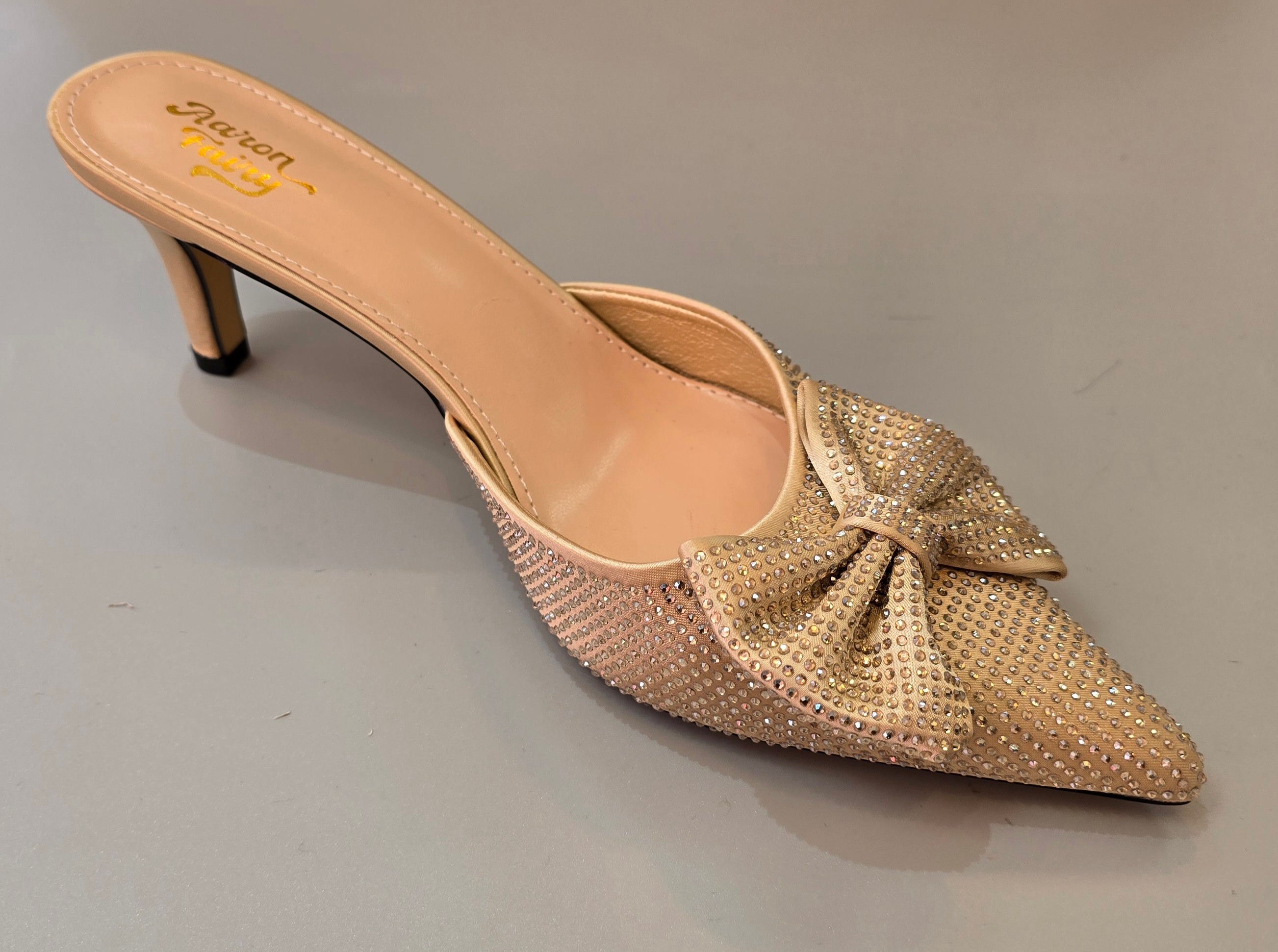 Elegant Rhinestone Bow Pointed-Toe Mule Heels