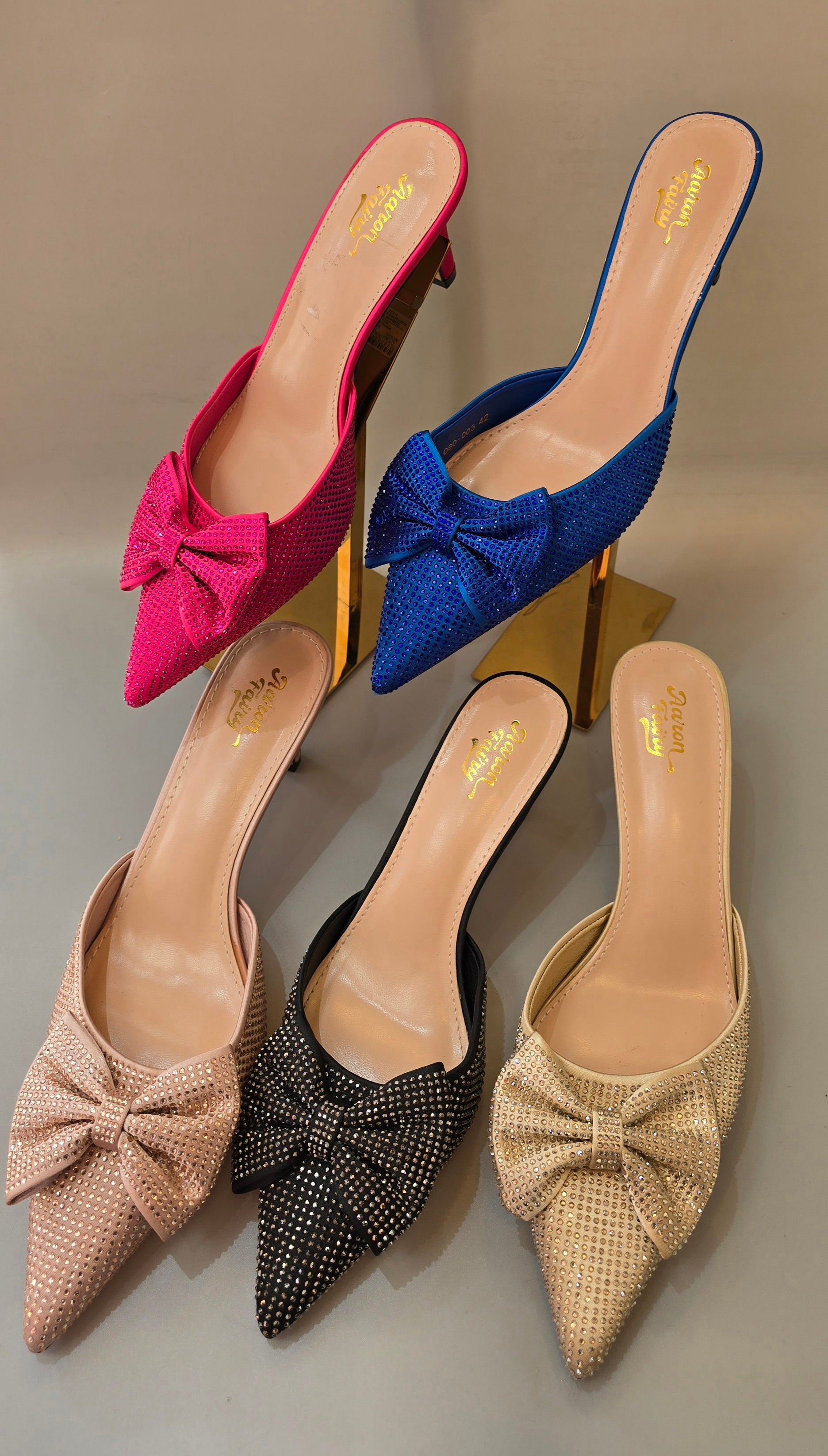 Elegant Rhinestone Bow Pointed-Toe Mule Heels