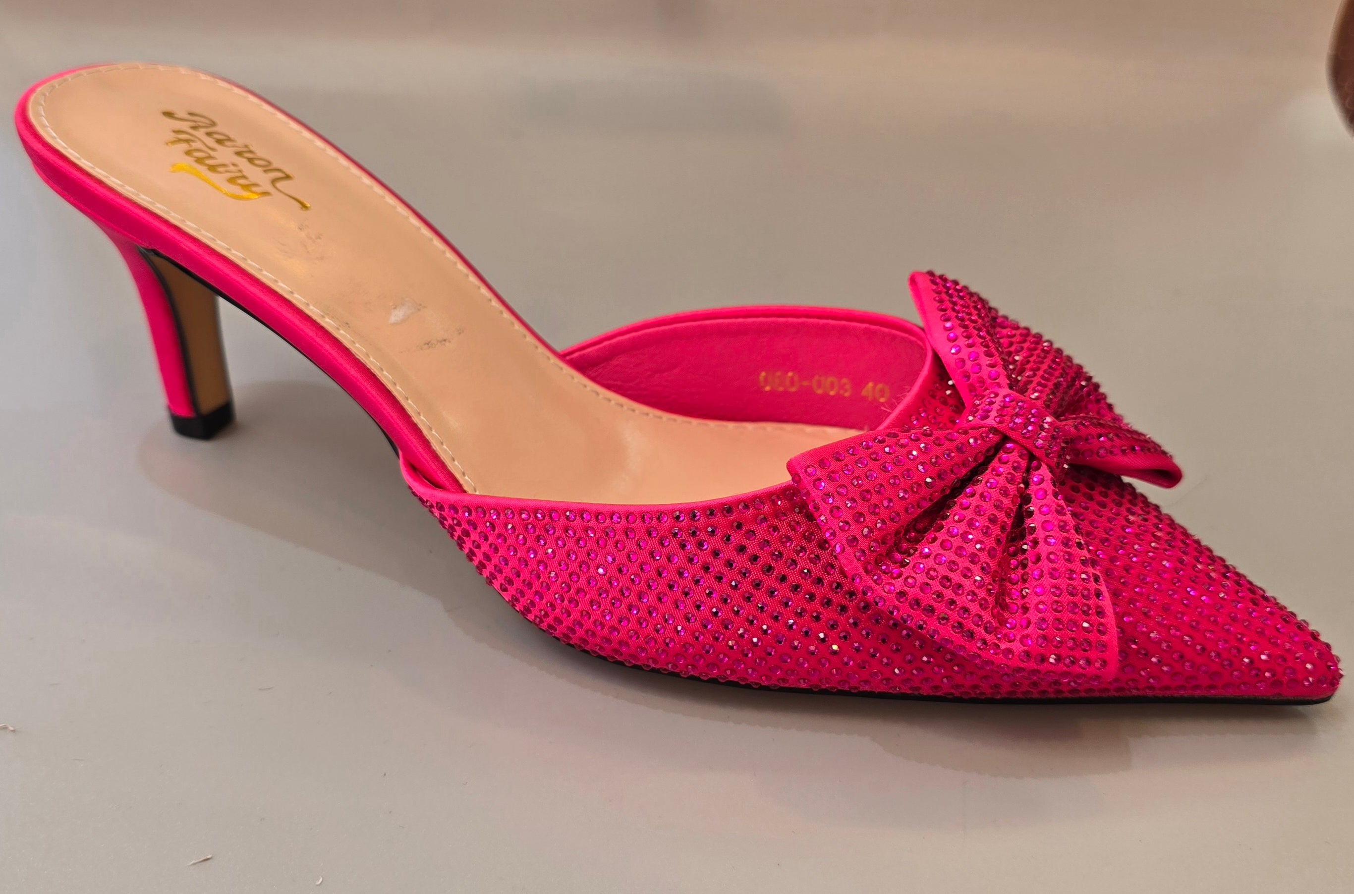 Elegant Rhinestone Bow Pointed-Toe Mule Heels