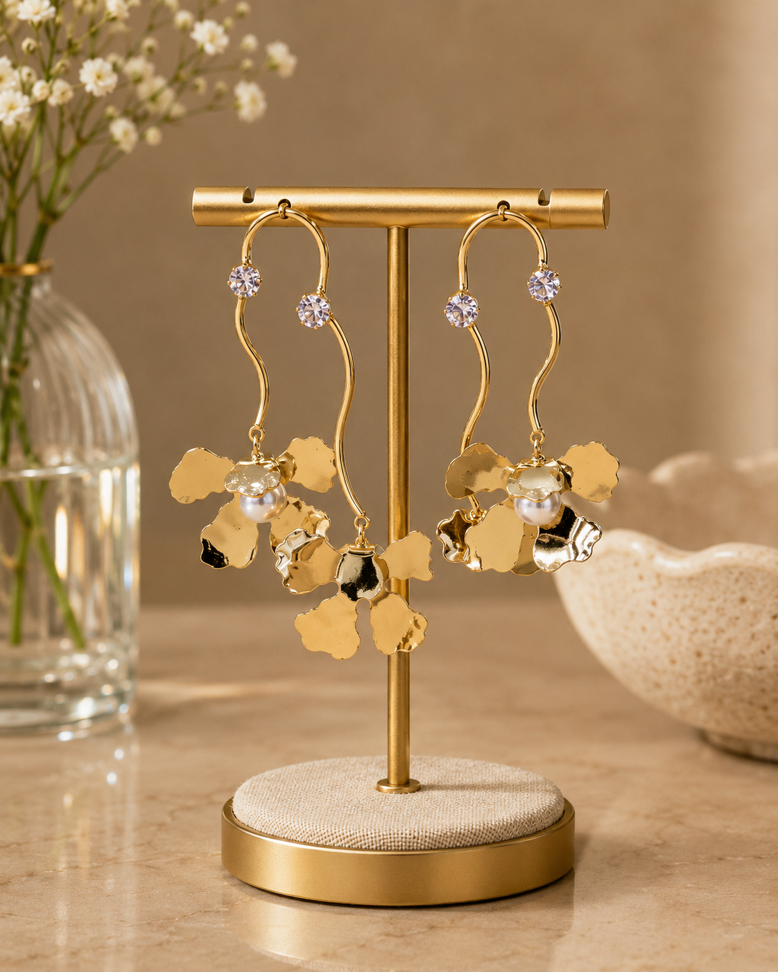 Golden Petal Pearl Earrings