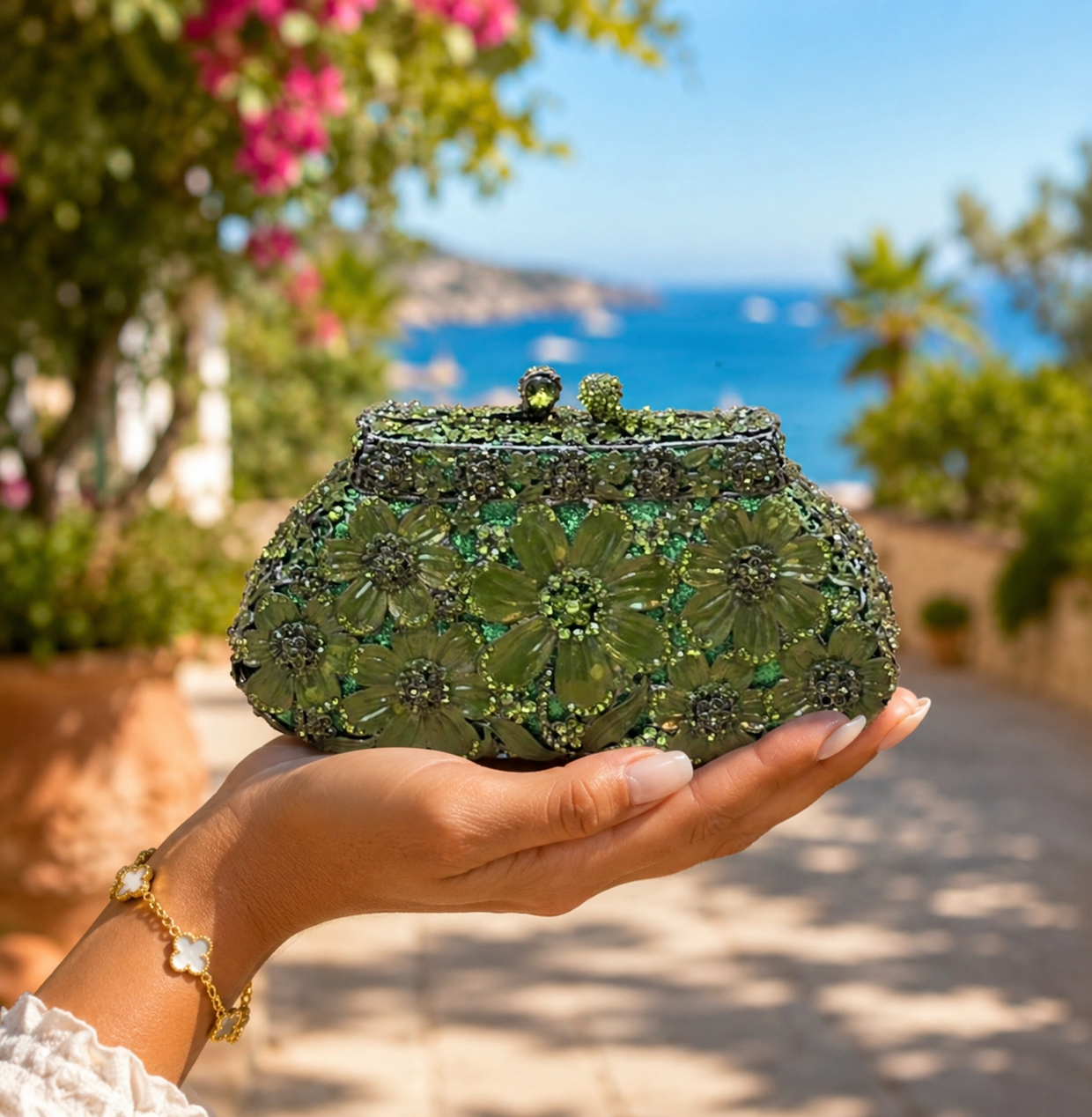 Emerald Bloom Crystal Clutch