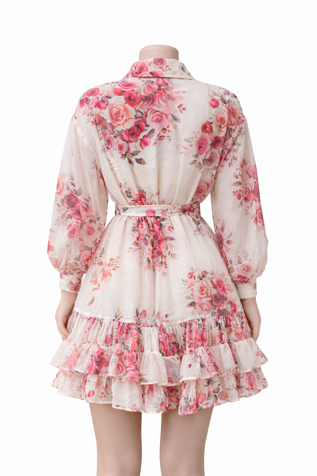 Romantic Blush Rose Sheer Mini Dress with Tiered Ruffles