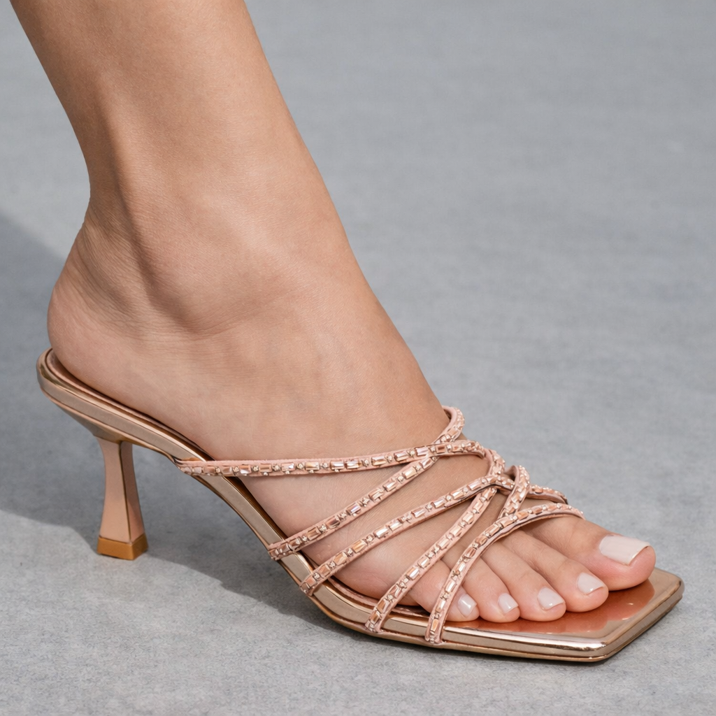 Rose Gold Beaded Strappy Mule Heels