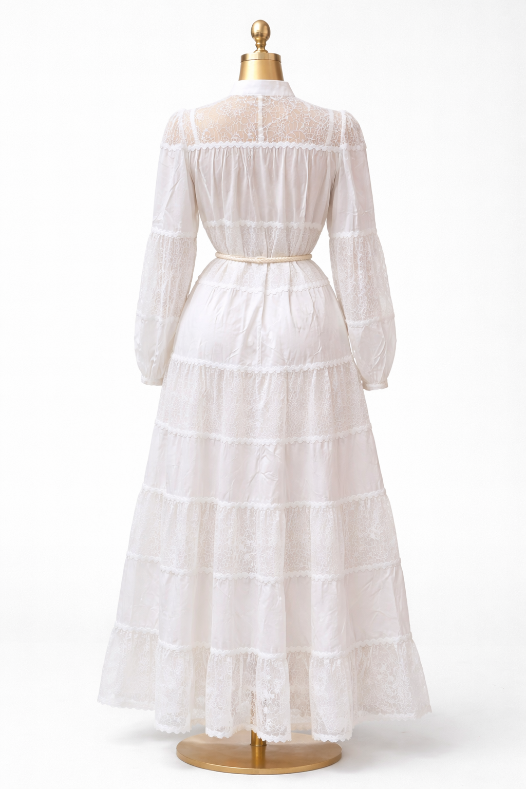 White Lace Tiered Maxi Dress with Rope Belt