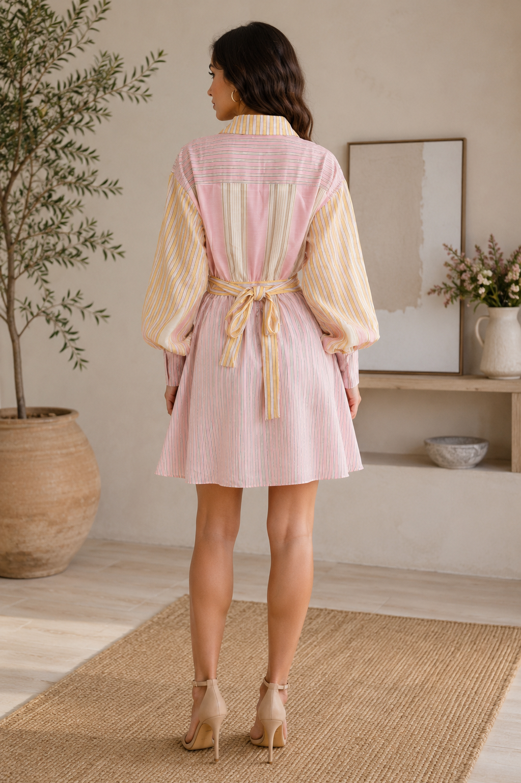 Stripe Waist-Tie Shirt Dress