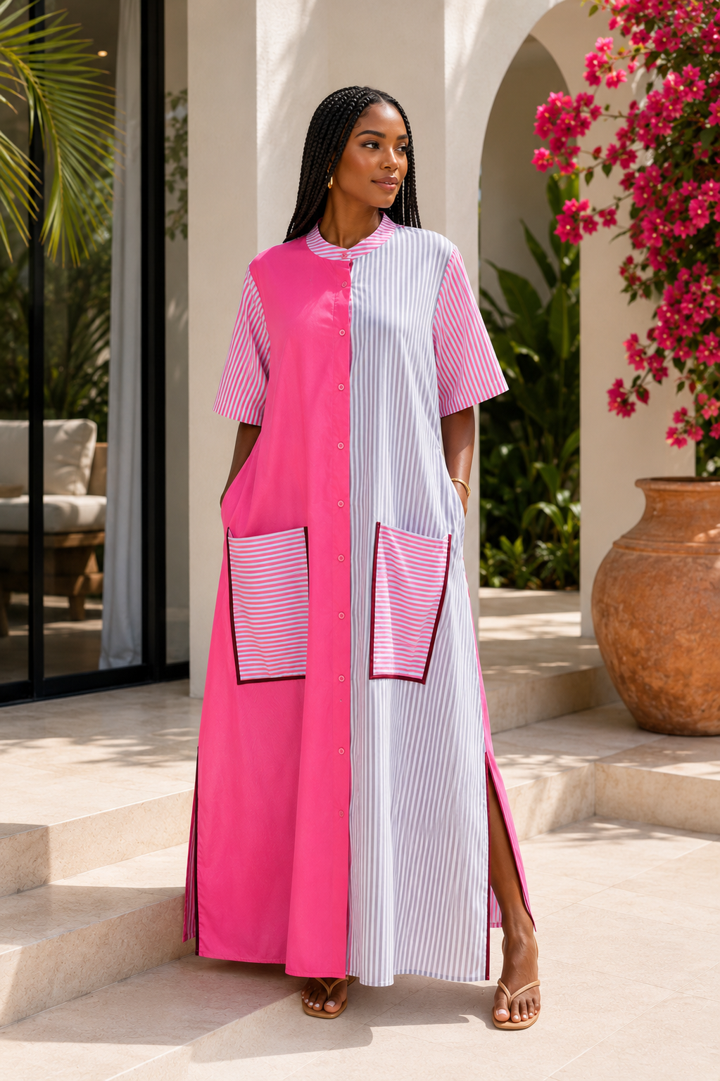 Positano Stripe Colorblock Shirt Maxi Dress