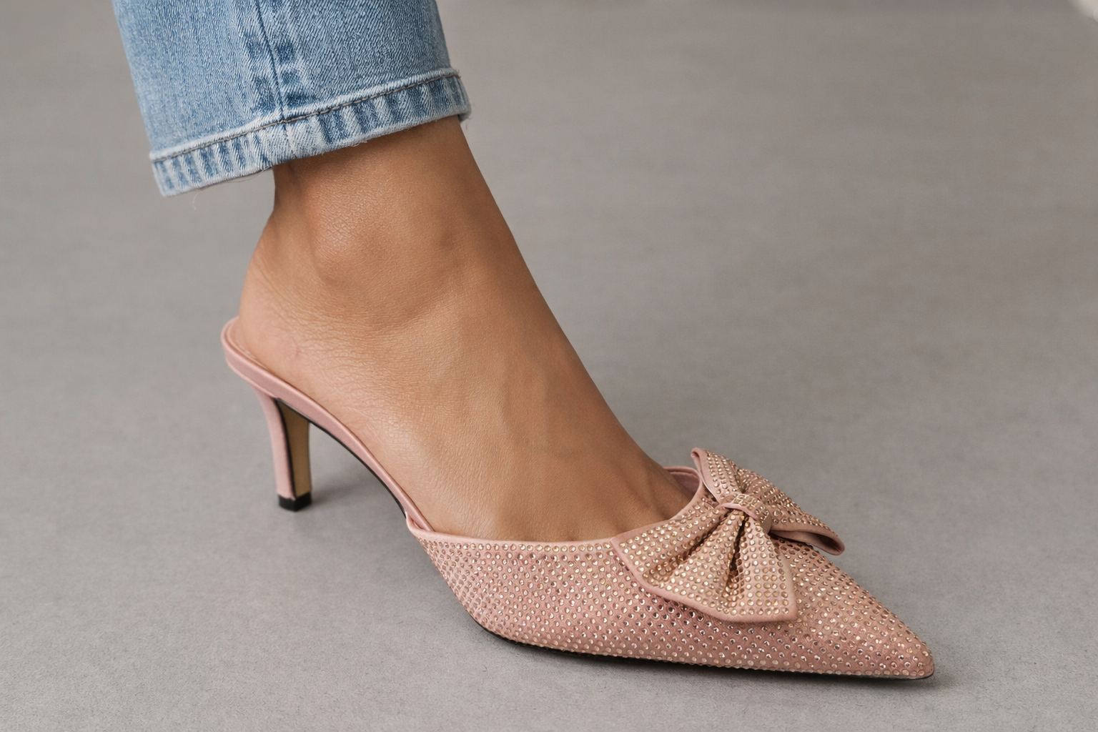 Elegant Rhinestone Bow Pointed-Toe Mule Heels