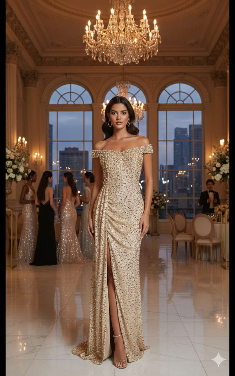 Celestial Gold Sequin Gala Gown