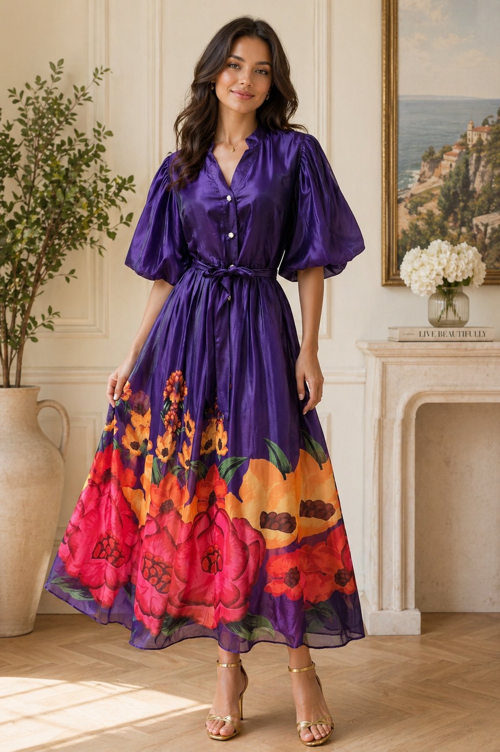 Elegant Floral Satin Midi Dresses with Statement Sleeves