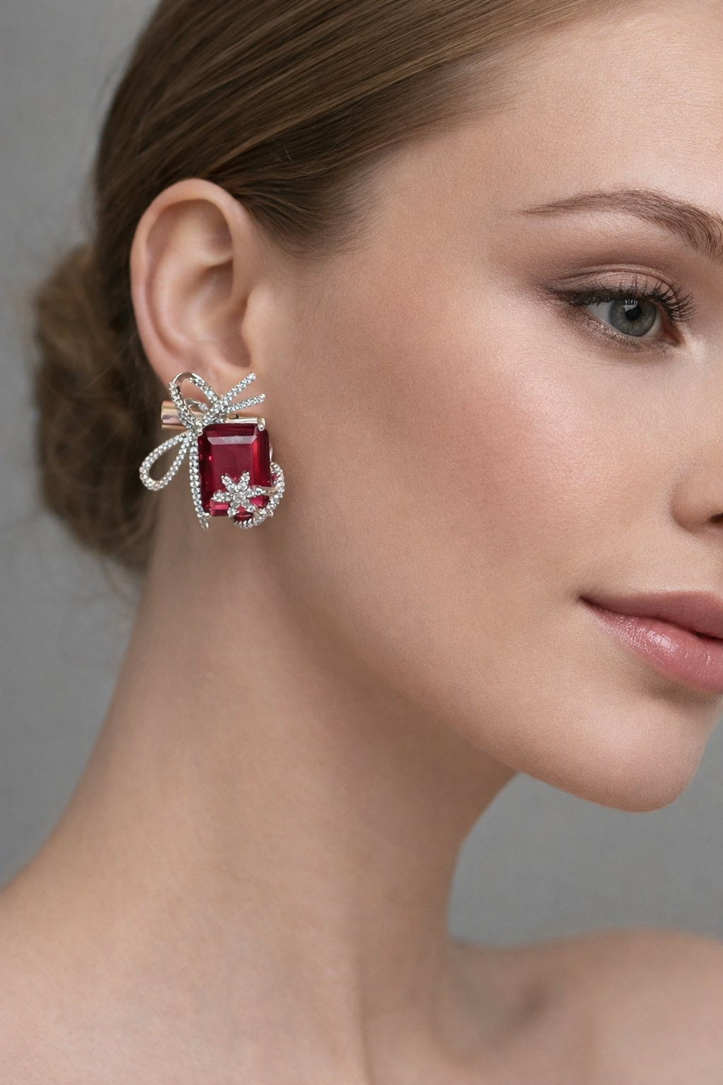 Ruby Silver Bow Diamond Statement Earrings