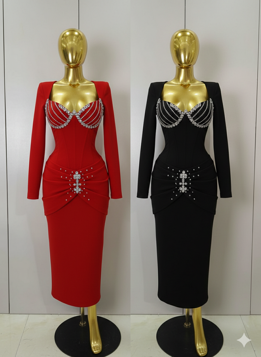 The Regal Red Rhinestone Crusted Corset Midi
