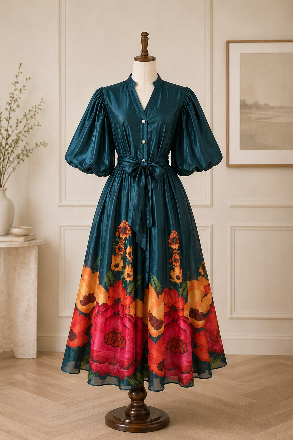 Elegant Floral Satin Midi Dresses with Statement Sleeves