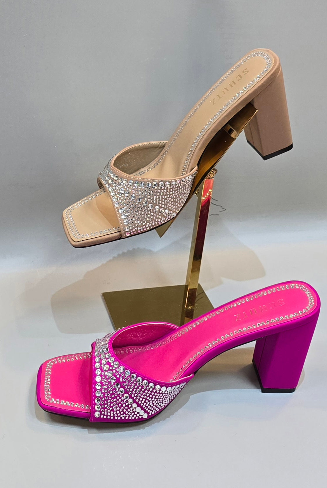 Hot Pink Rhinestone Block Heel Mule Sandals