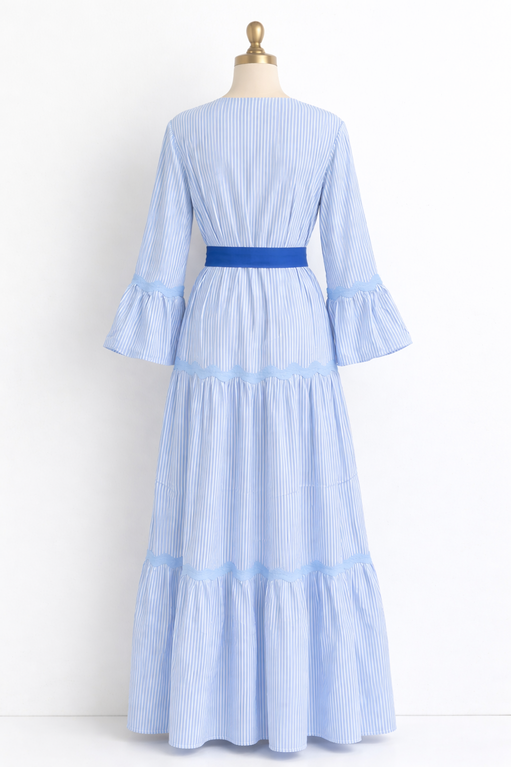 Light Blue Striped Tiered Maxi Dress with Ribbon Waist