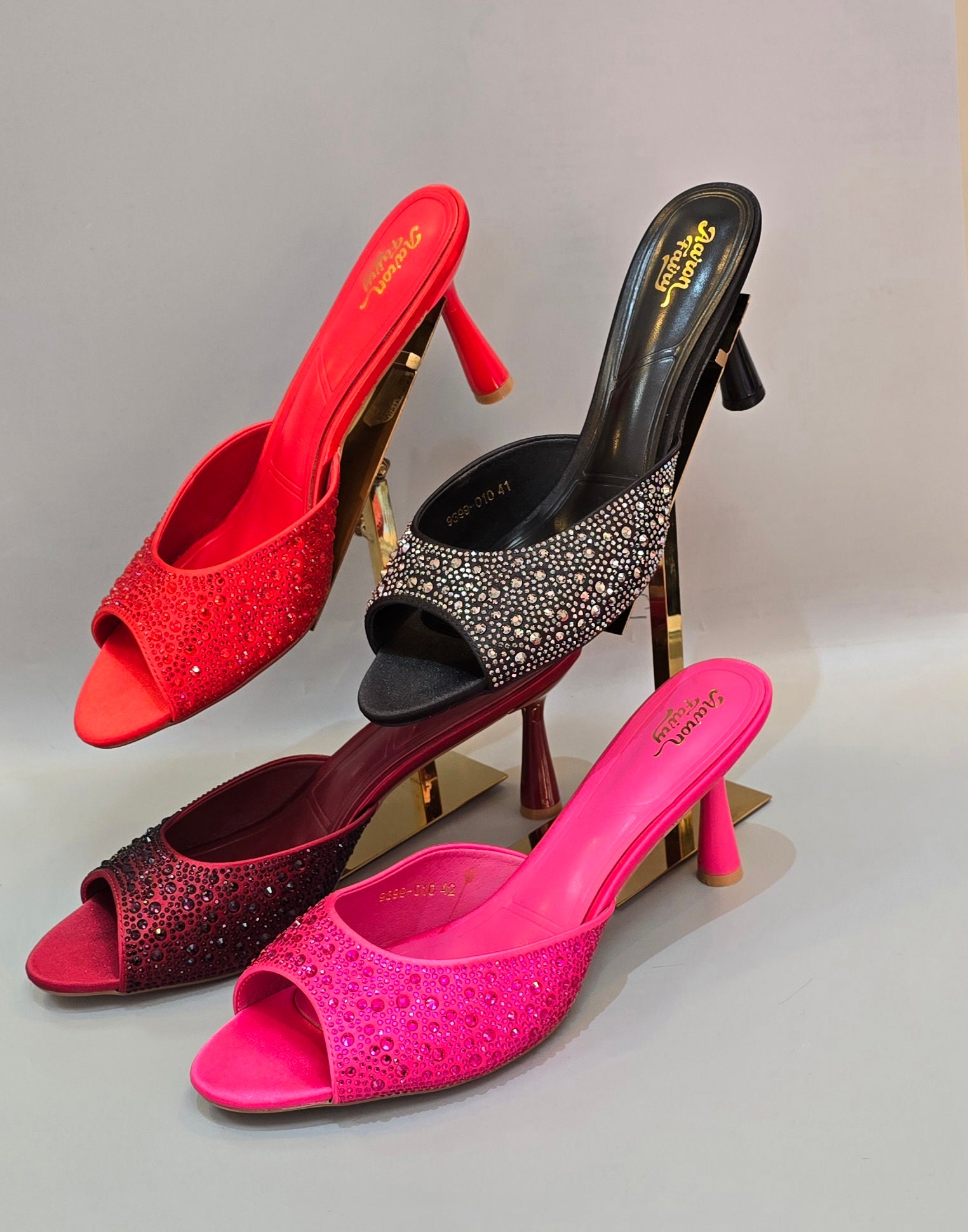 Rhinestone Glam Open-Toe Mule Heels Collection