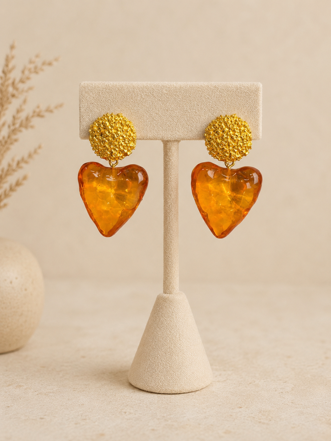 Golden Amber Heart Drop Earrings