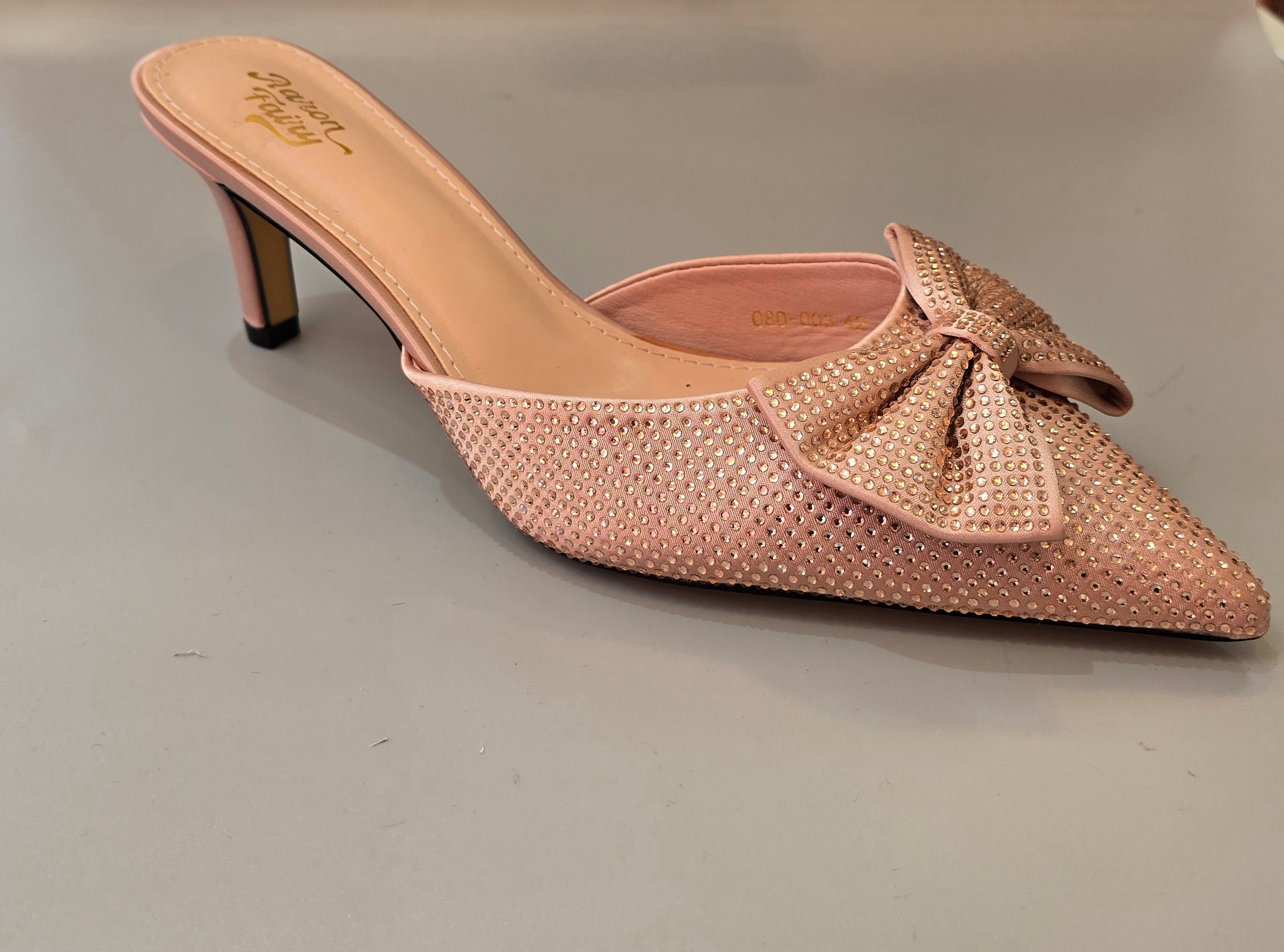 Elegant Rhinestone Bow Pointed-Toe Mule Heels