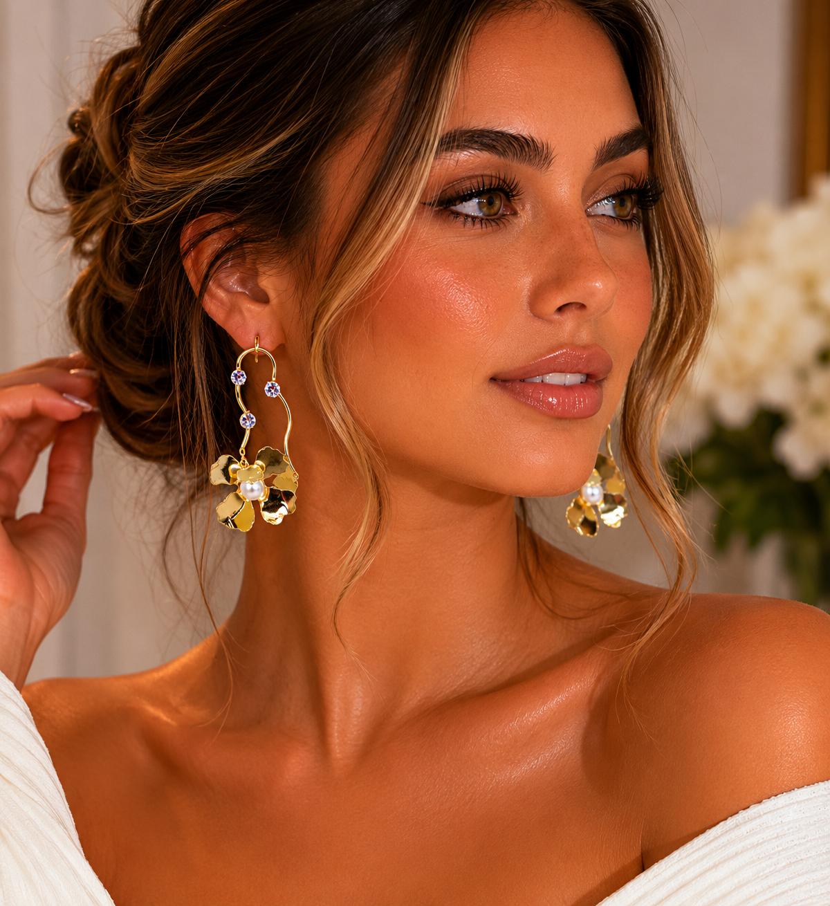Golden Petal Pearl Earrings