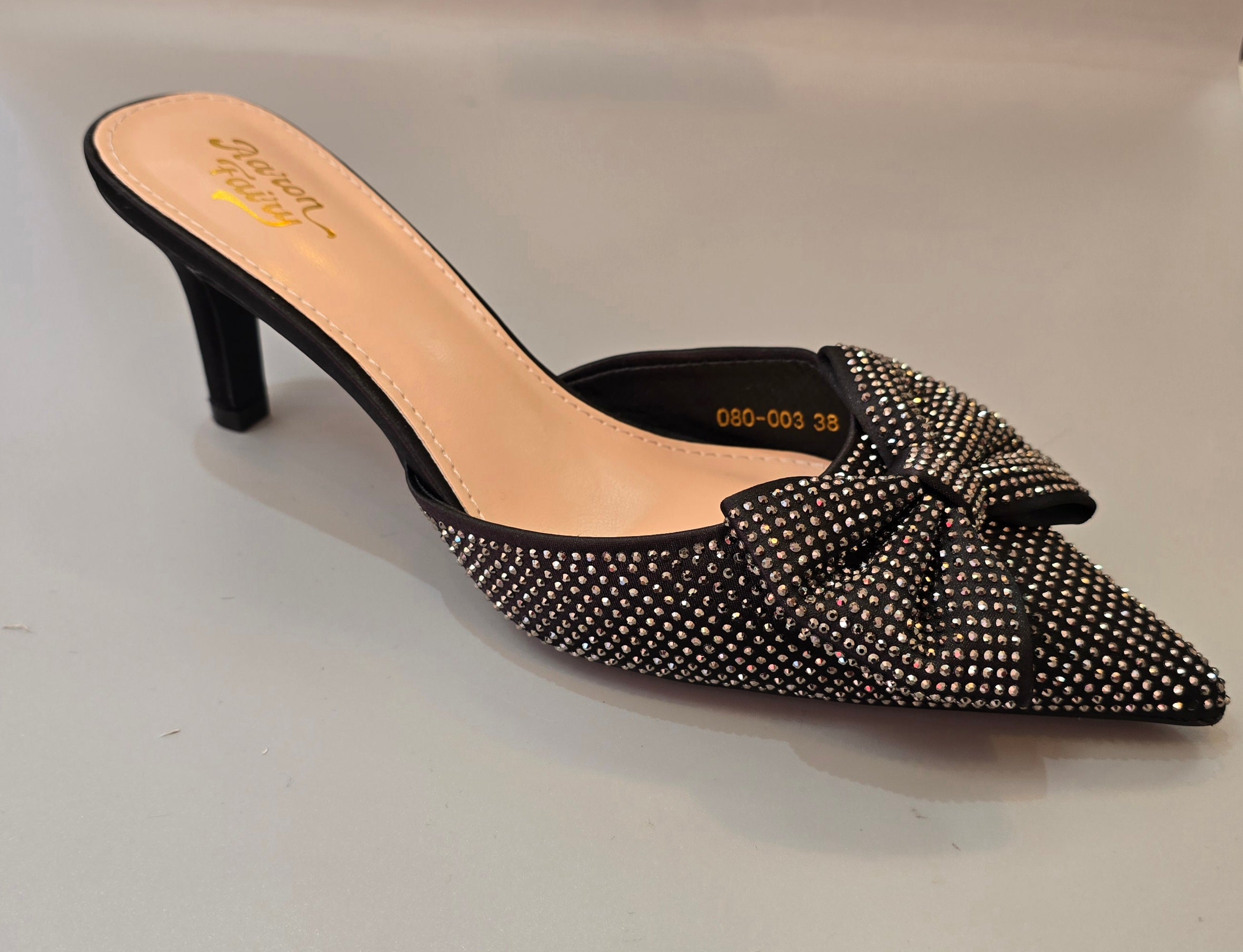 Elegant Rhinestone Bow Pointed-Toe Mule Heels