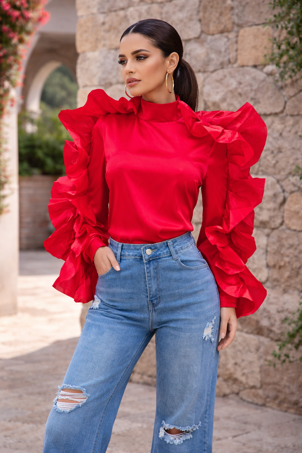 Statement Ruffles Sleeve Satin Top