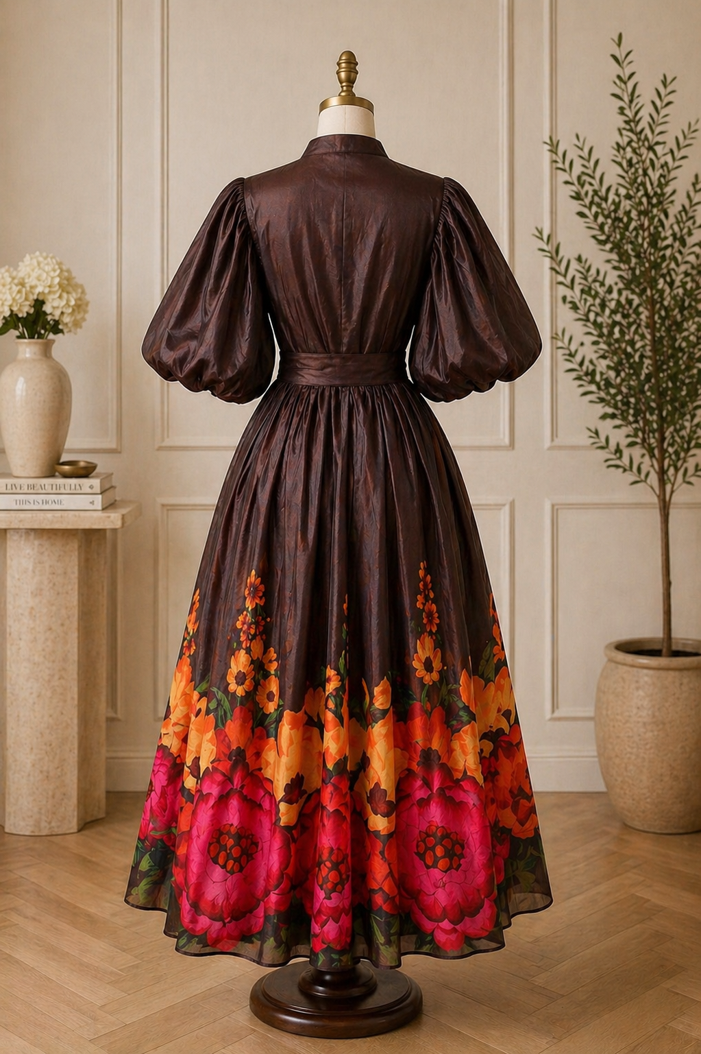Elegant Floral Satin Midi Dresses with Statement Sleeves