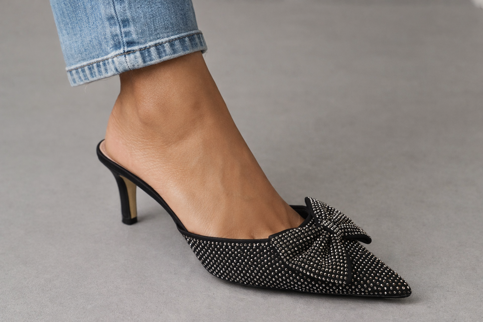 Elegant Rhinestone Bow Pointed-Toe Mule Heels