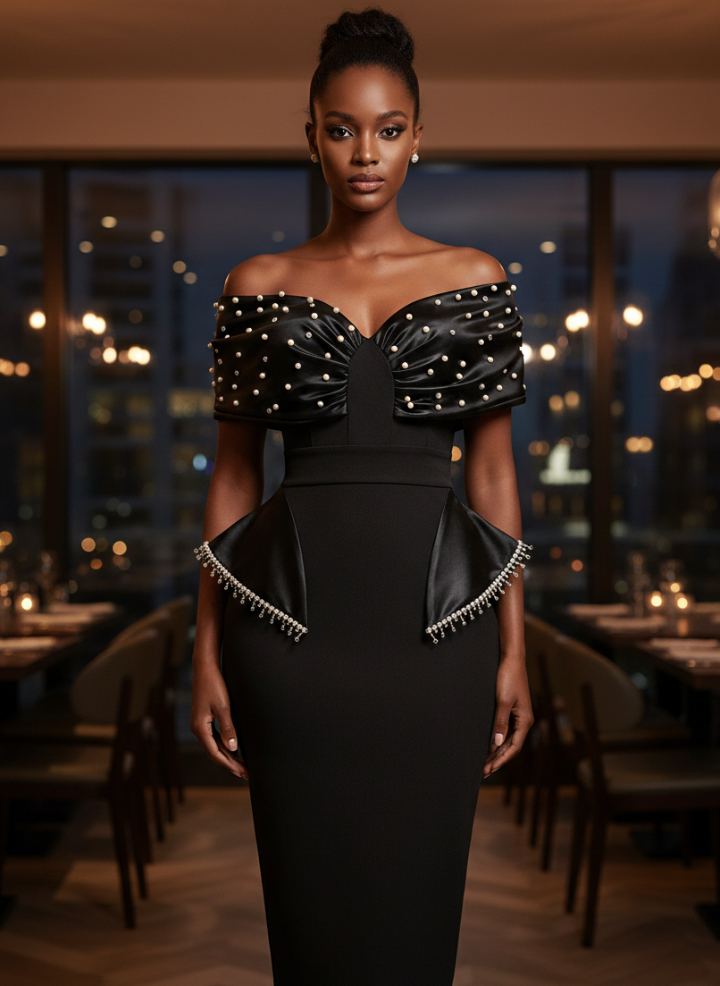 Pearl-Embellished Midnight Black Peplum Midi