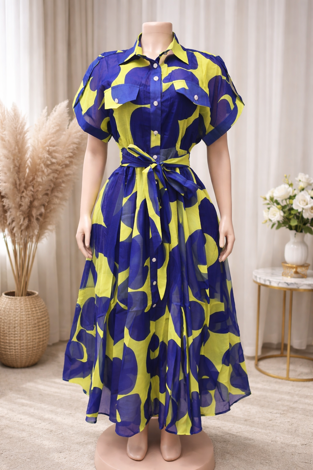 Bold Abstract Print Belted Midi Shirt Dress