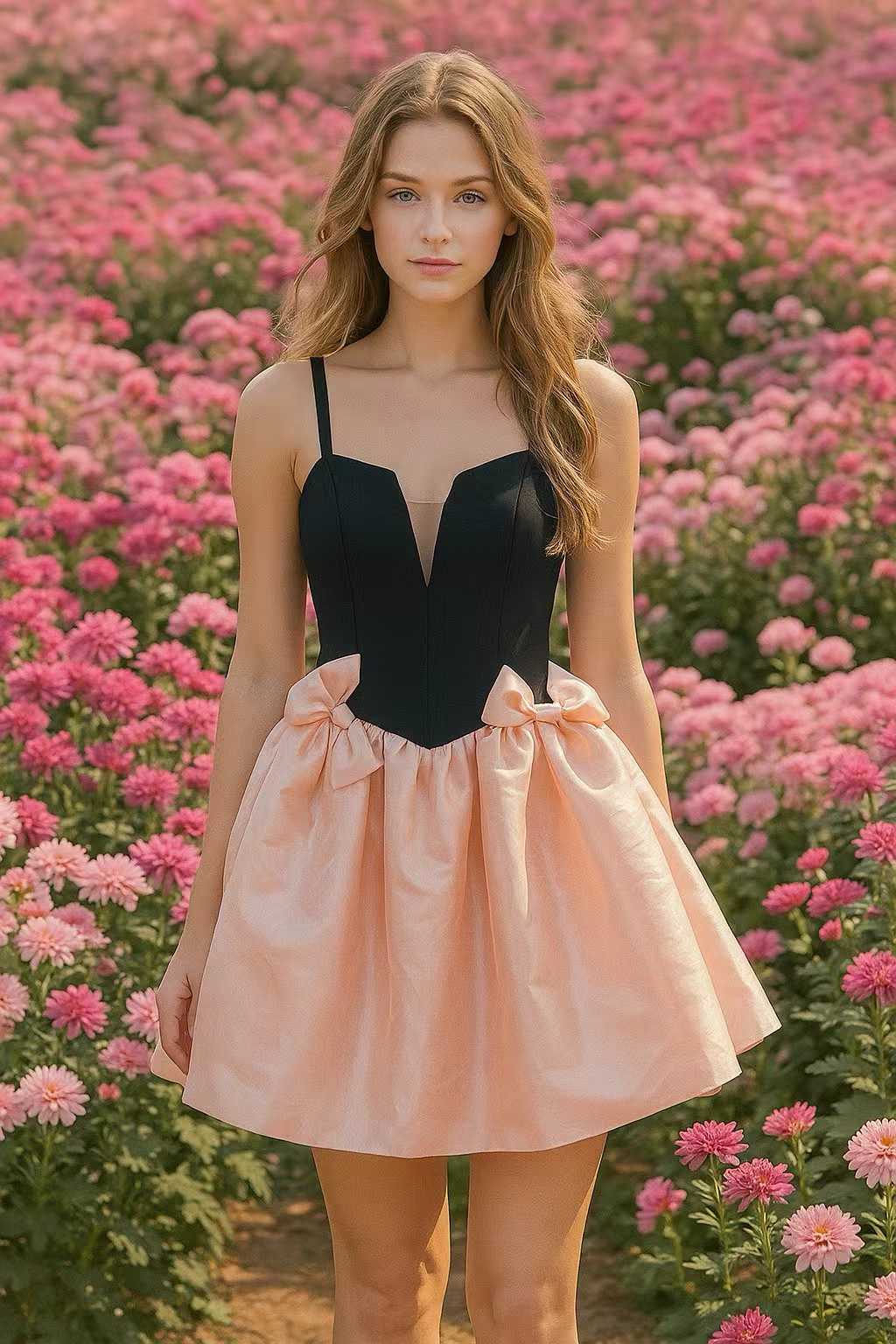 Pastel Pink Mini Dress with Bow Accents