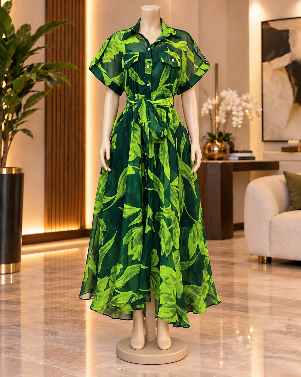 Verdant Bloom Belted Maxi Dress