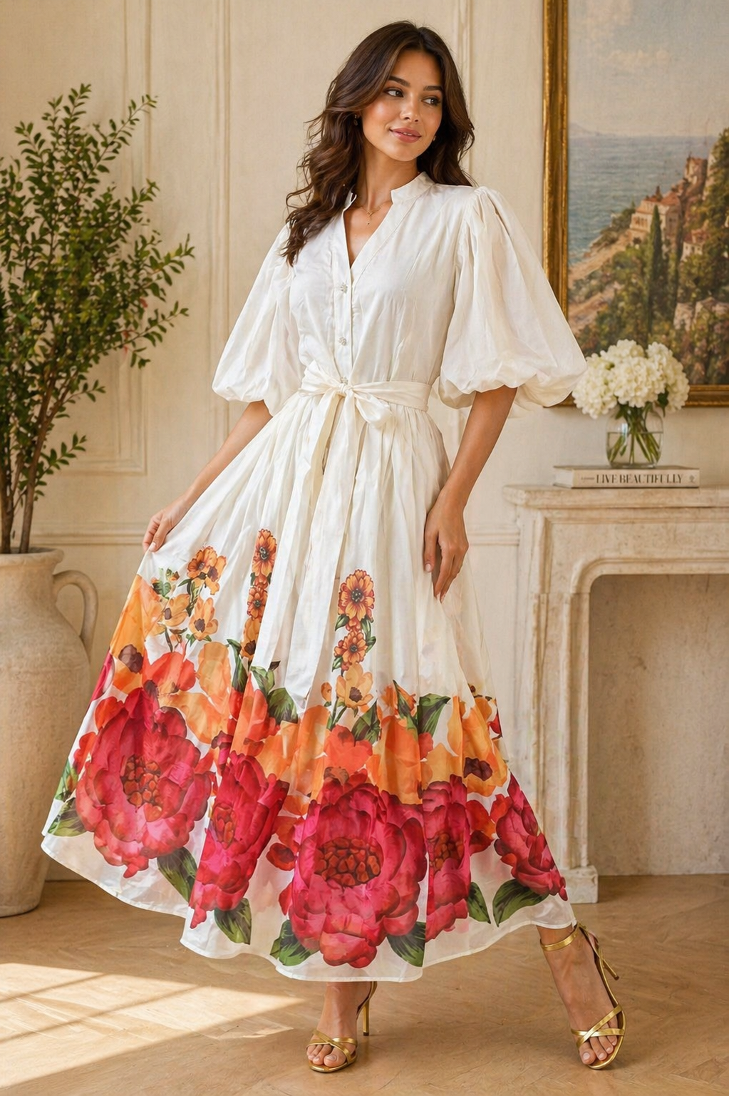 Elegant Floral Satin Midi Dresses with Statement Sleeves