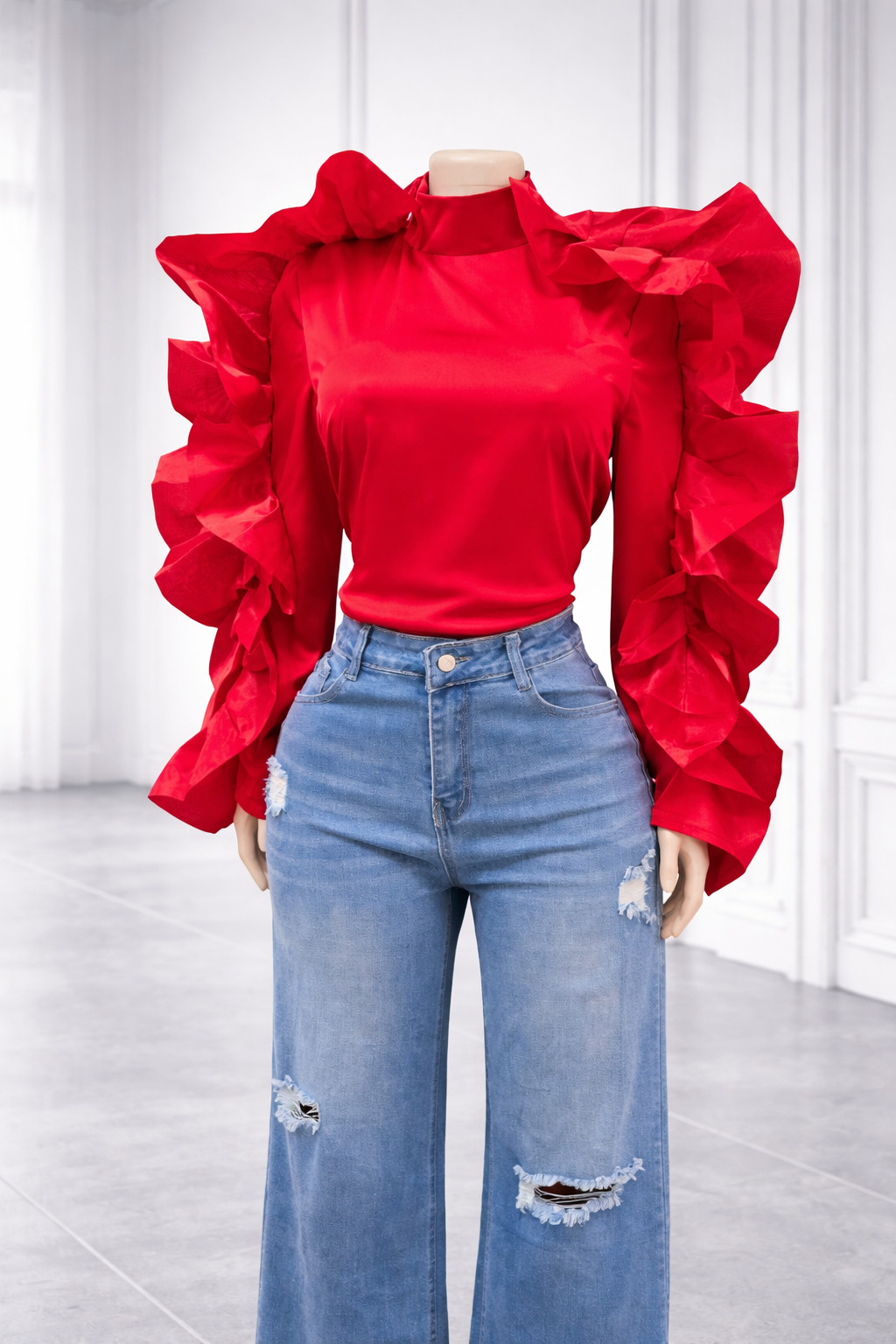 Statement Ruffles Sleeve Satin Top