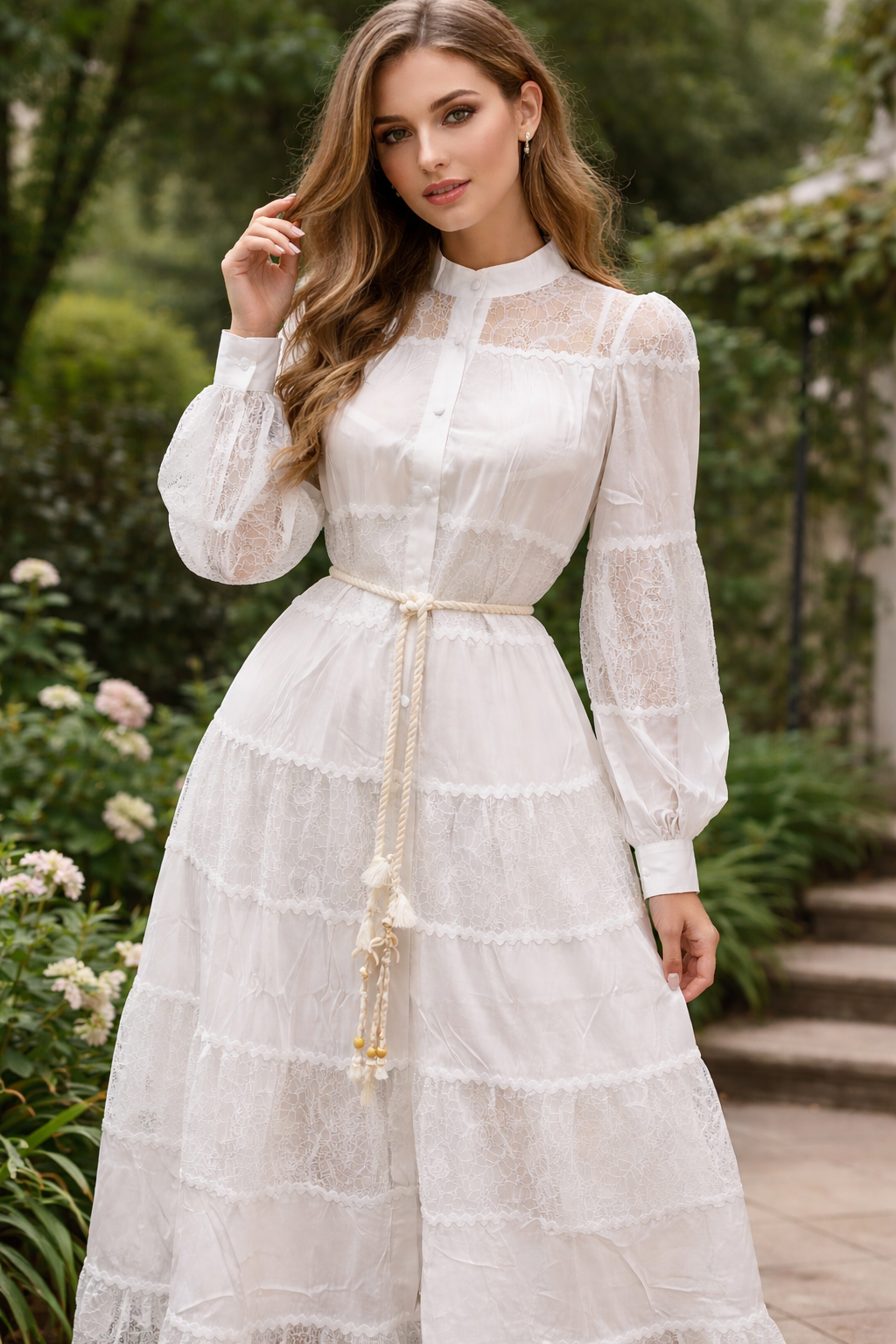 White Lace Tiered Maxi Dress with Rope Belt