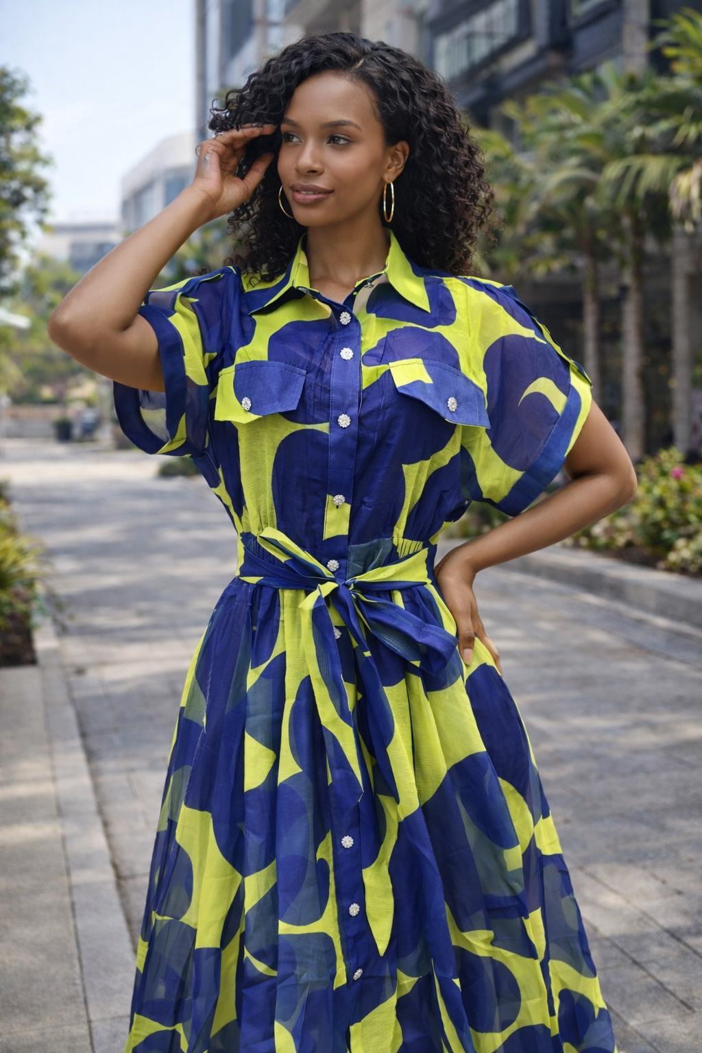 Bold Abstract Print Belted Midi Shirt Dress