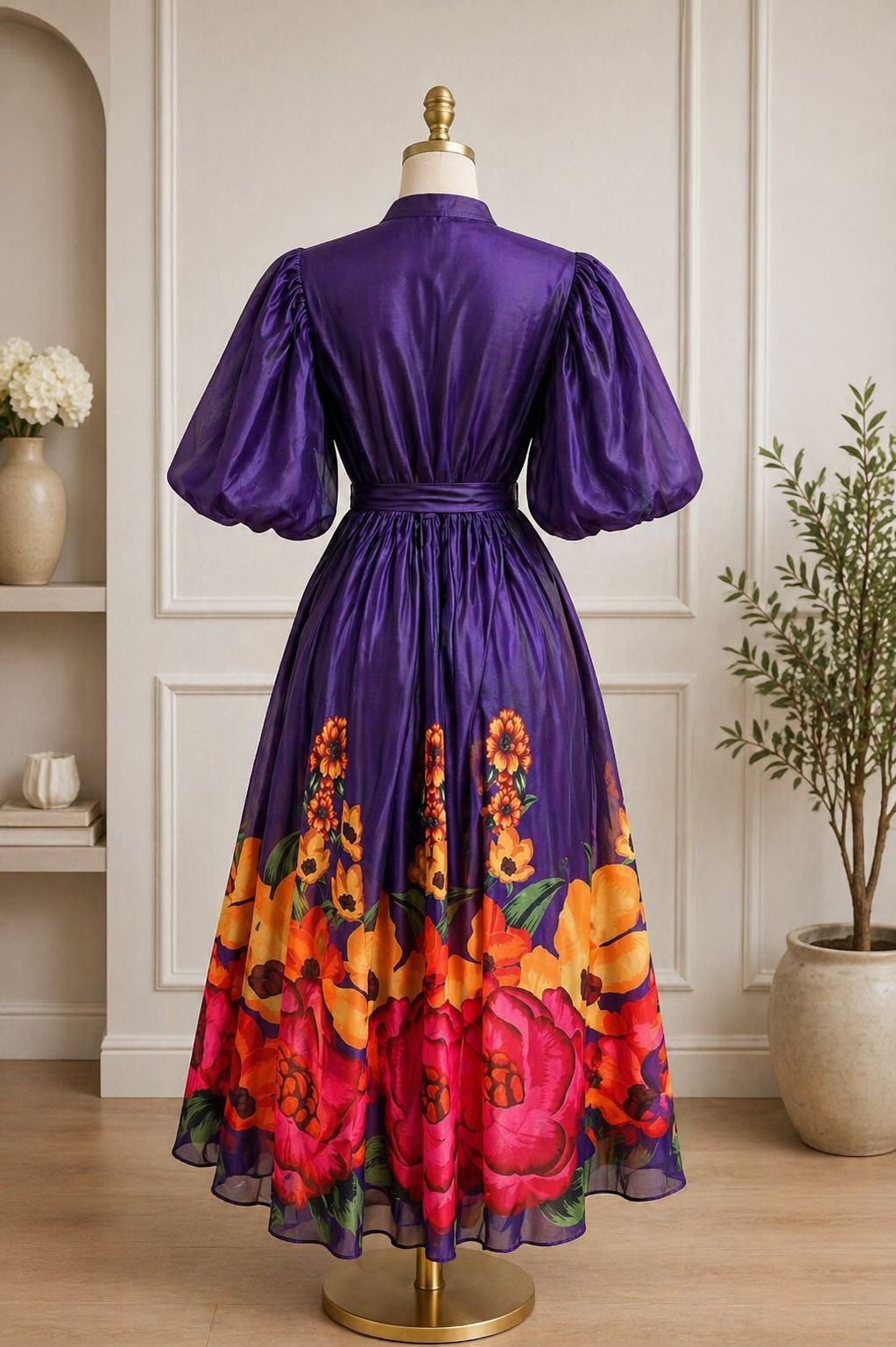 Elegant Floral Satin Midi Dresses with Statement Sleeves