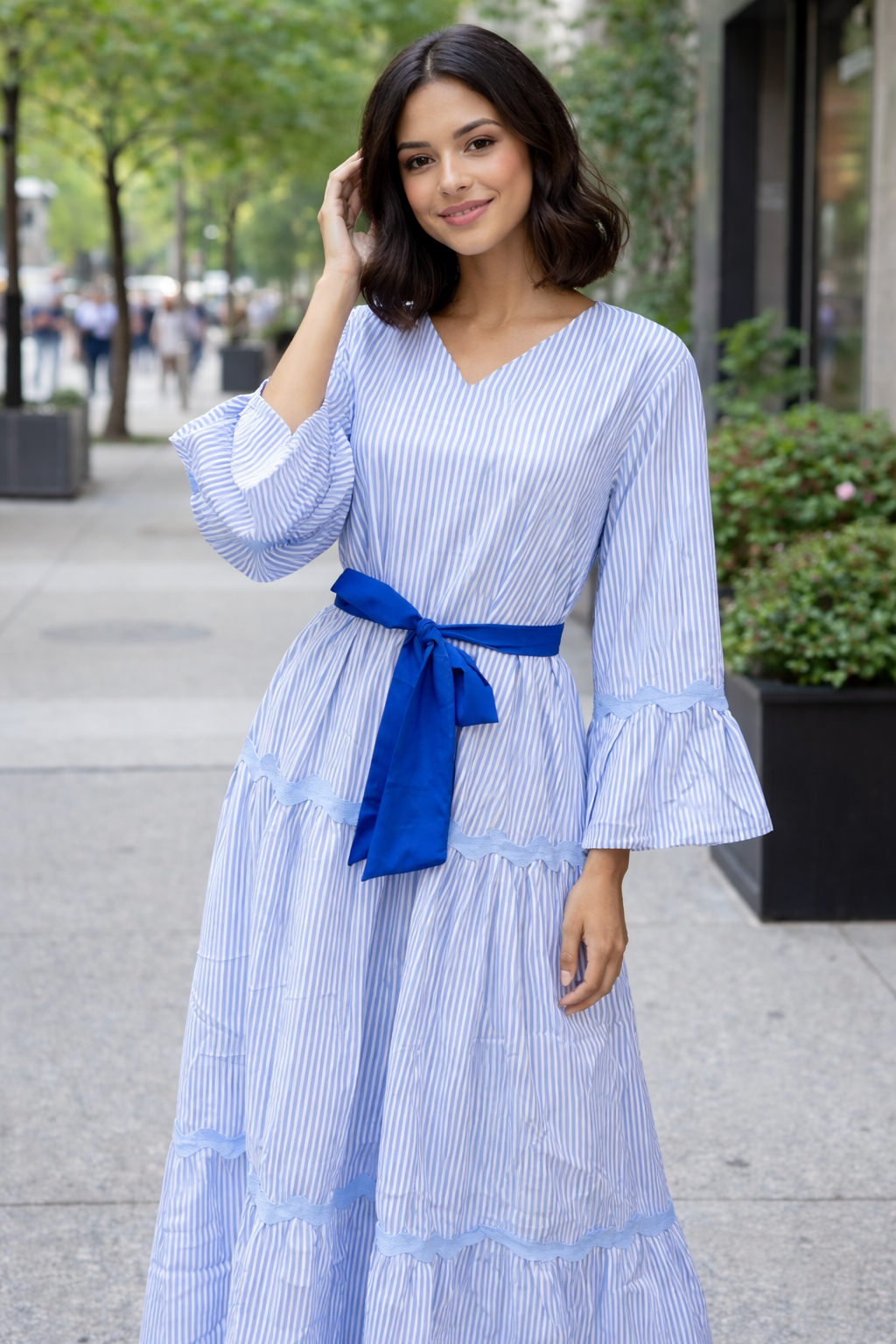 Light Blue Striped Tiered Maxi Dress with Ribbon Waist
