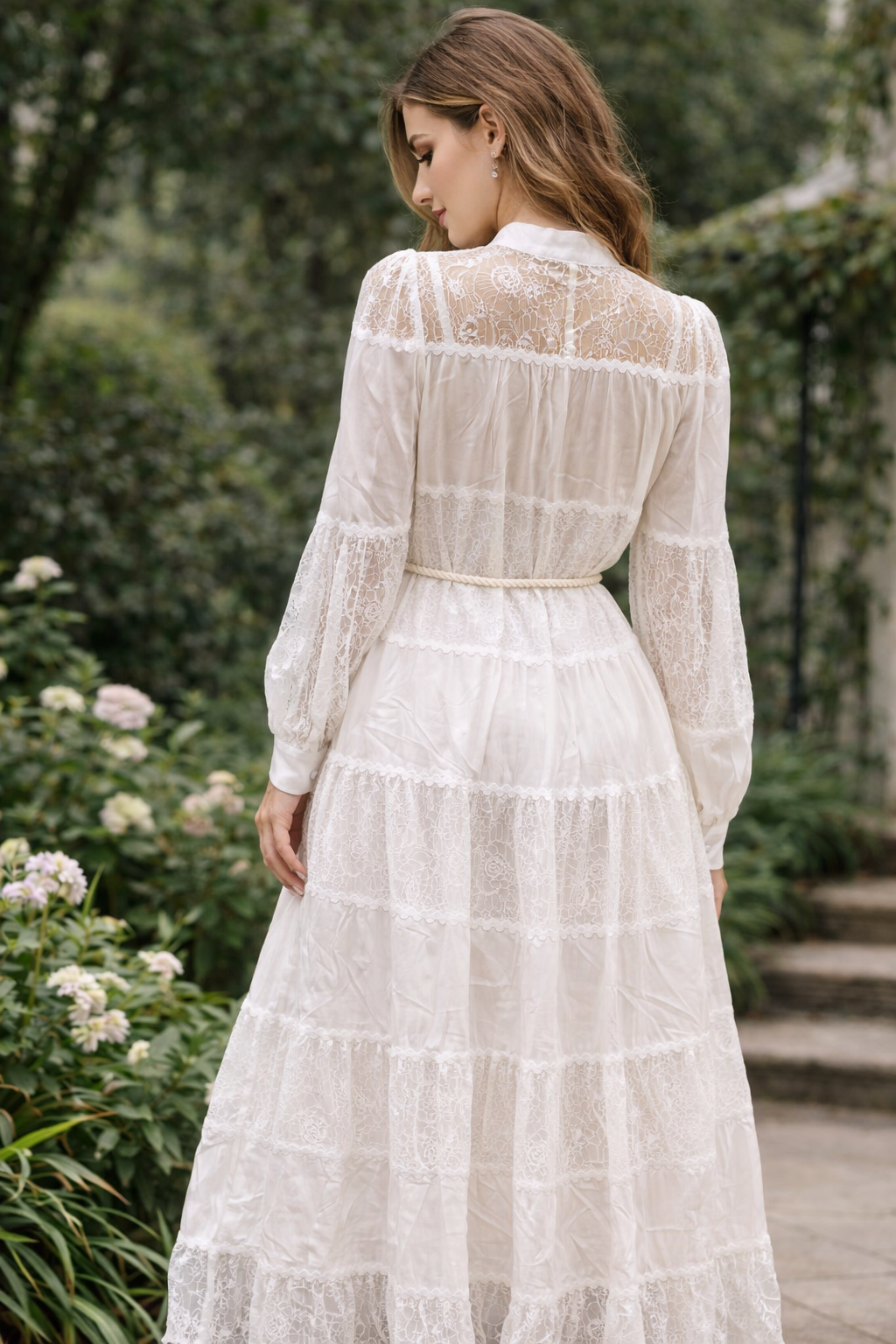 White Lace Tiered Maxi Dress with Rope Belt