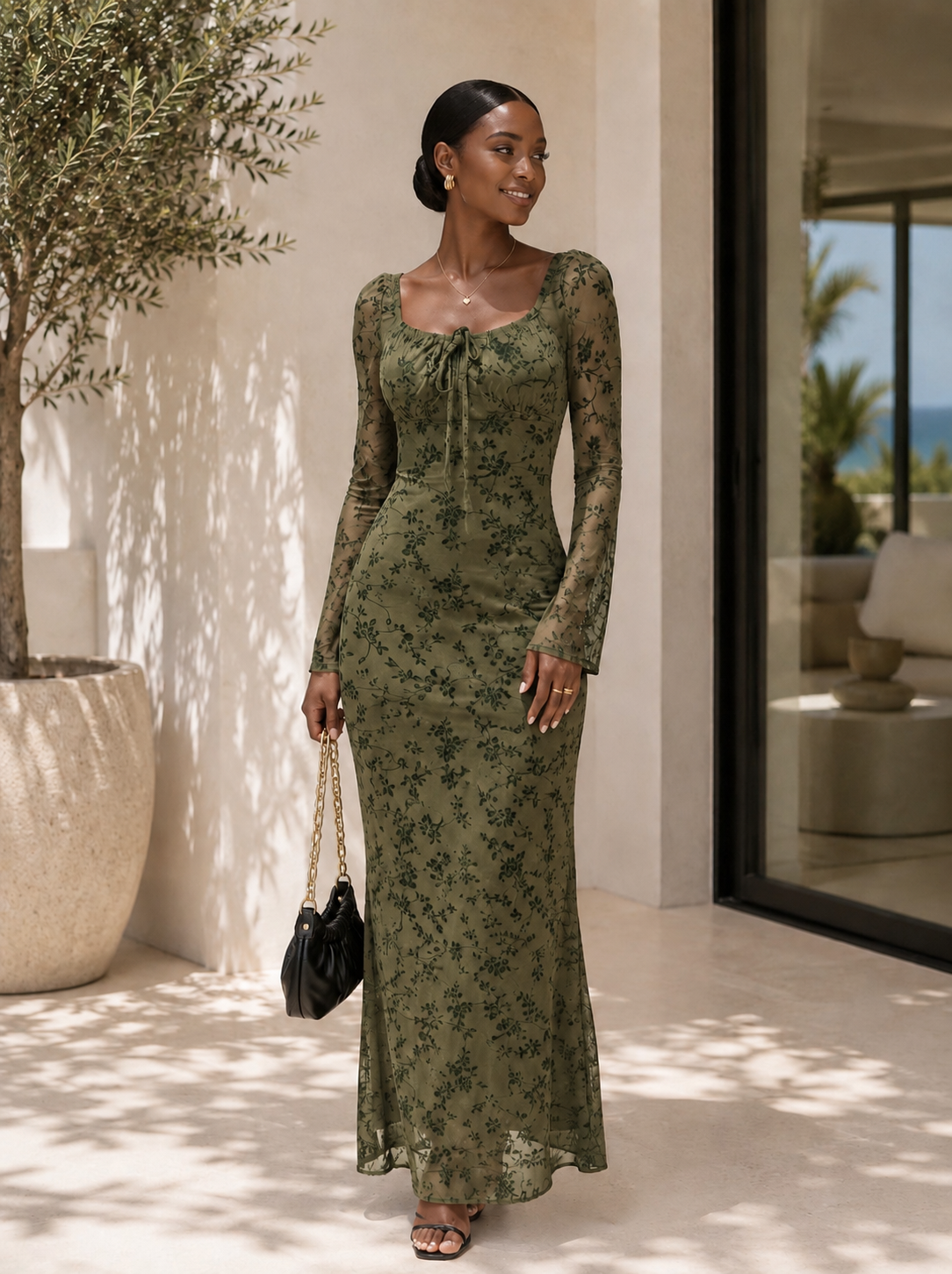 The Elara Botanical Mesh Maxi Dress
