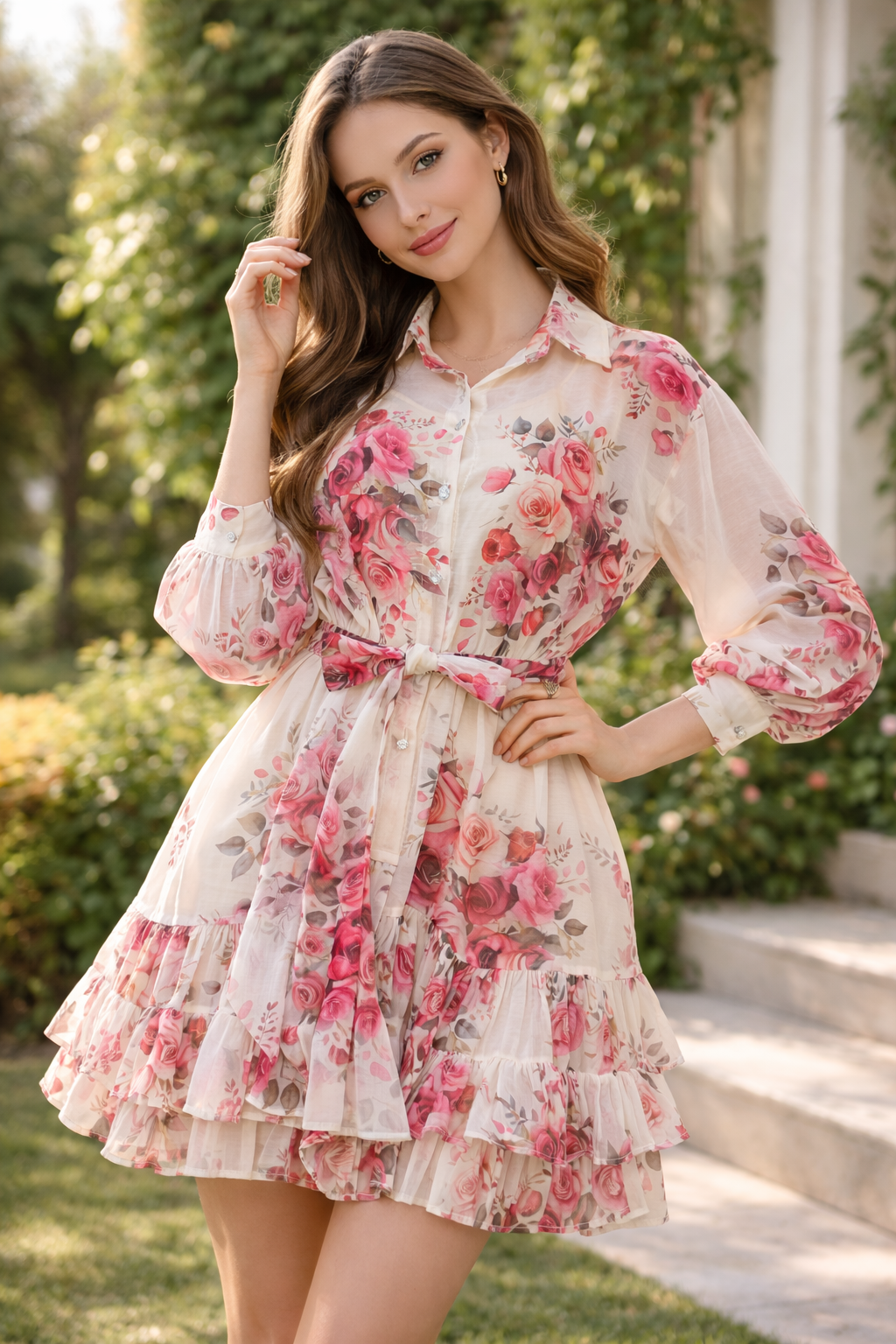Romantic Blush Rose Sheer Mini Dress with Tiered Ruffles