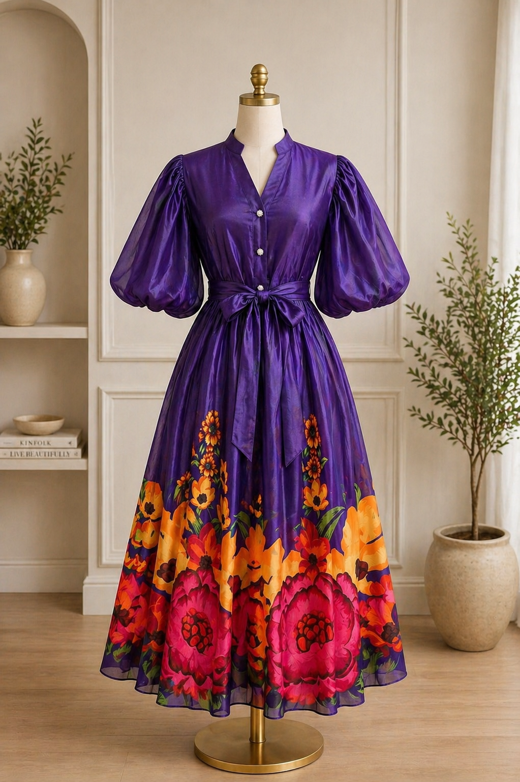 Elegant Floral Satin Midi Dresses with Statement Sleeves
