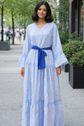 Light Blue Striped Tiered Maxi Dress with Ribbon Waist
