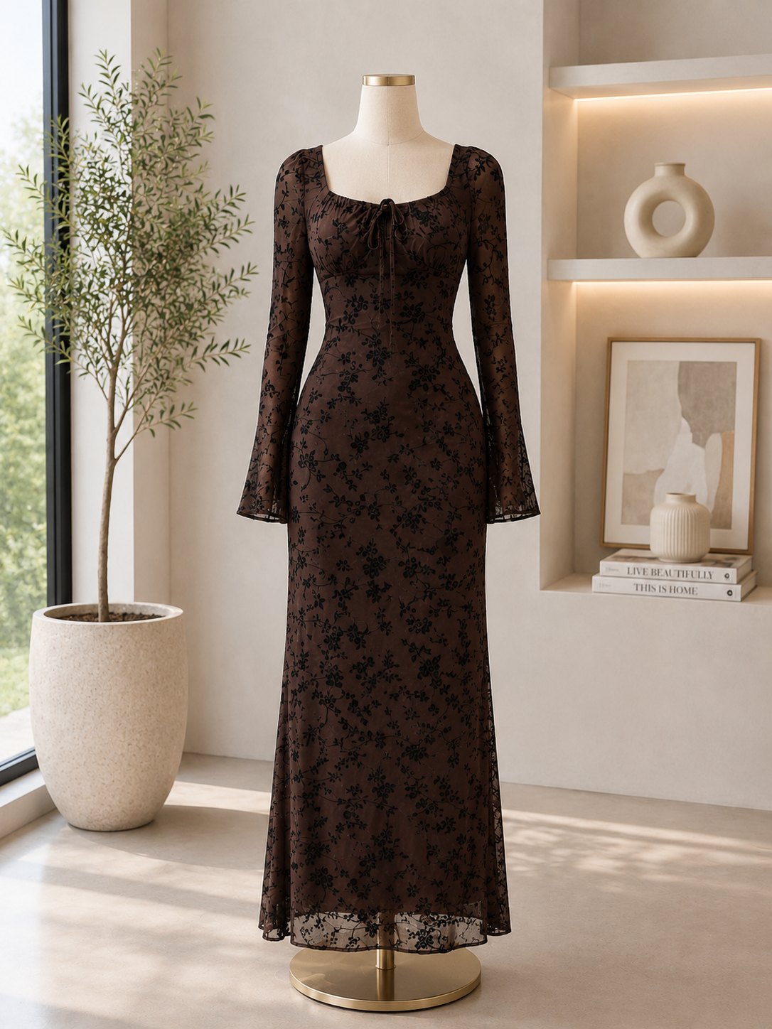 The Elara Botanical Mesh Maxi Dress