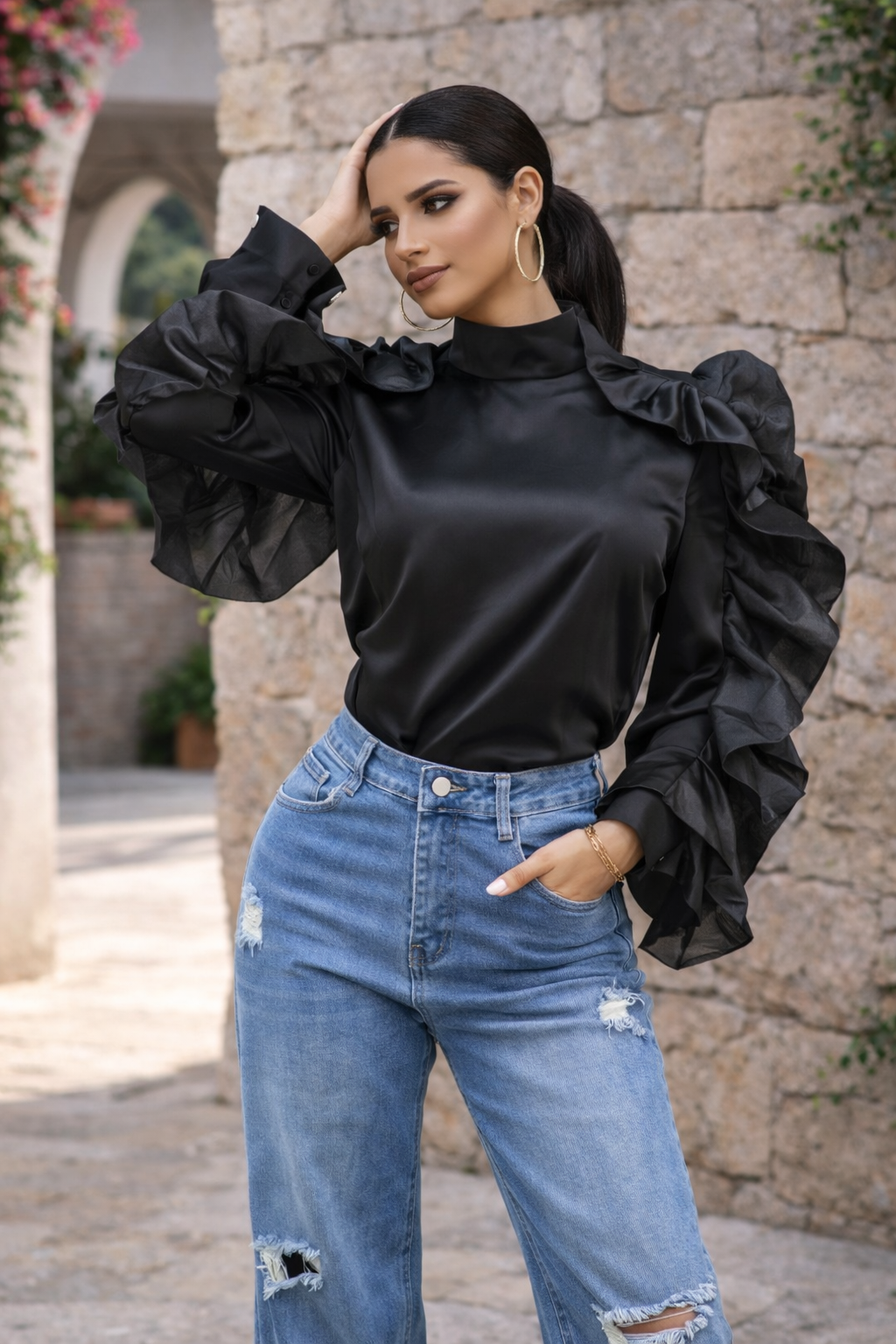 Statement Ruffles Sleeve Satin Top