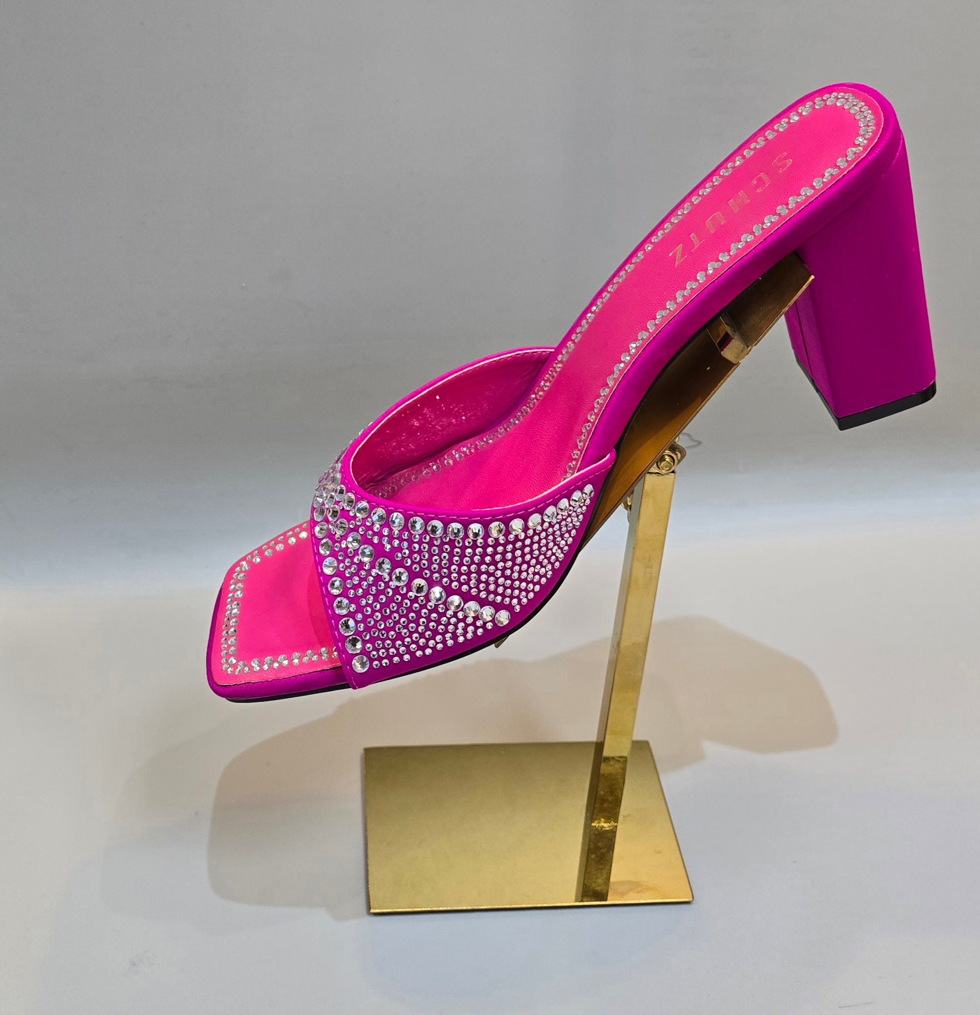 Hot Pink Rhinestone Block Heel Mule Sandals